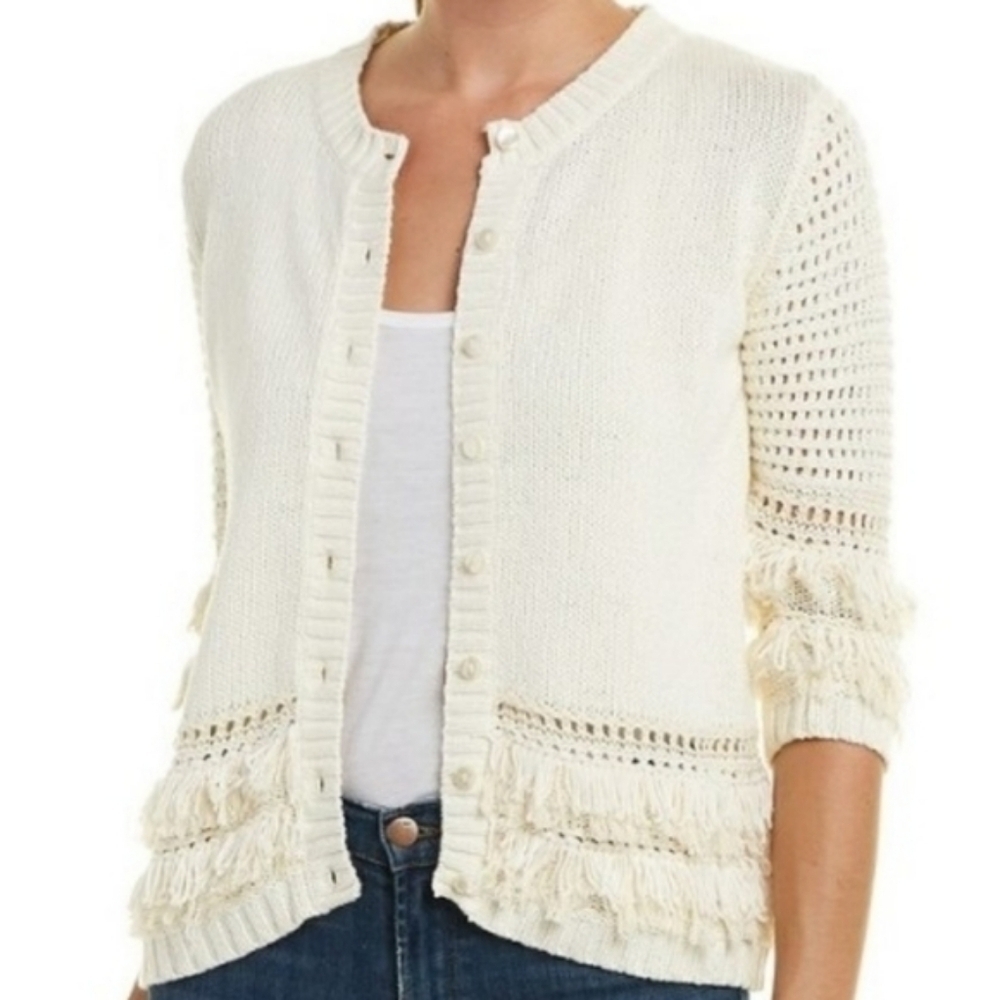 Chaser Anthropologie Cream Crochet Knit Fringe Cardigan Sweater Size XS